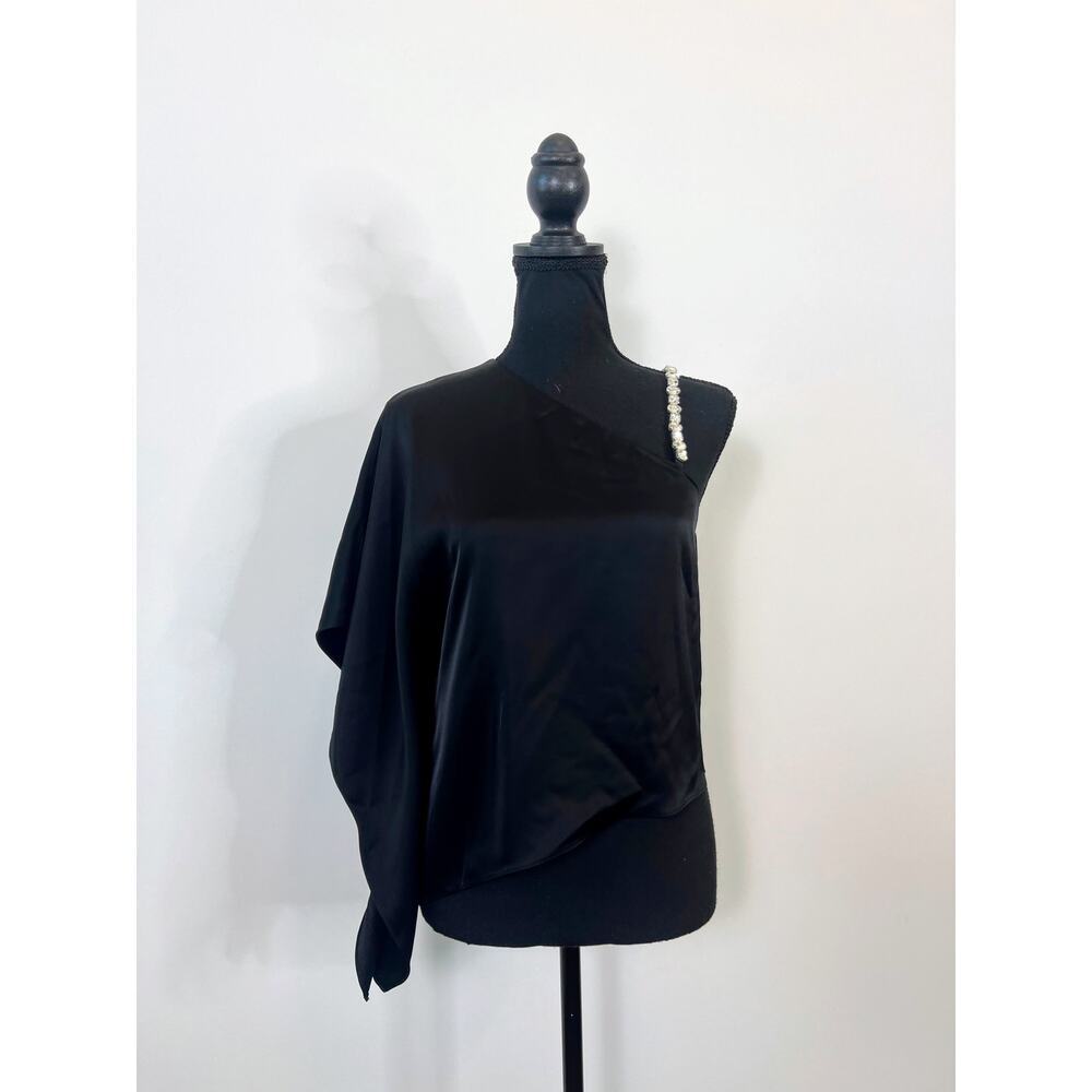 Alice + Olivia Riko One Shoulder Embellished Strap Top Black Size XS Asymmetric